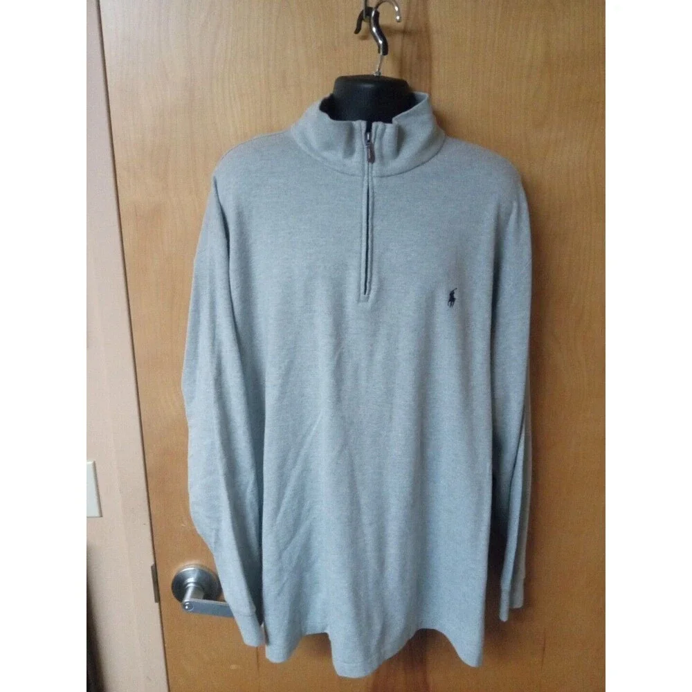 RALPH LAUREN POLO Men's (Size 2XLT) Gray 1/4 Zip Long Sleeve Polo Shirt Cotton